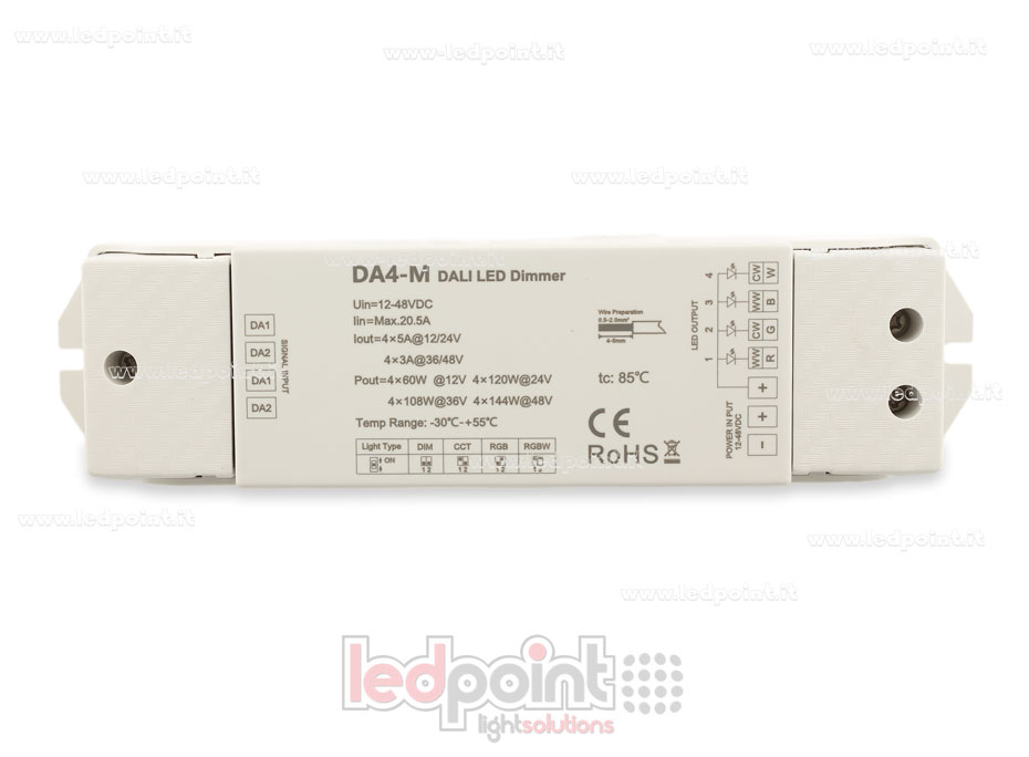Dimmer DALI, 4 canales 3A/5A, 12-48V DC, voltaje constante (DT6/DT8) SK-DA4-M