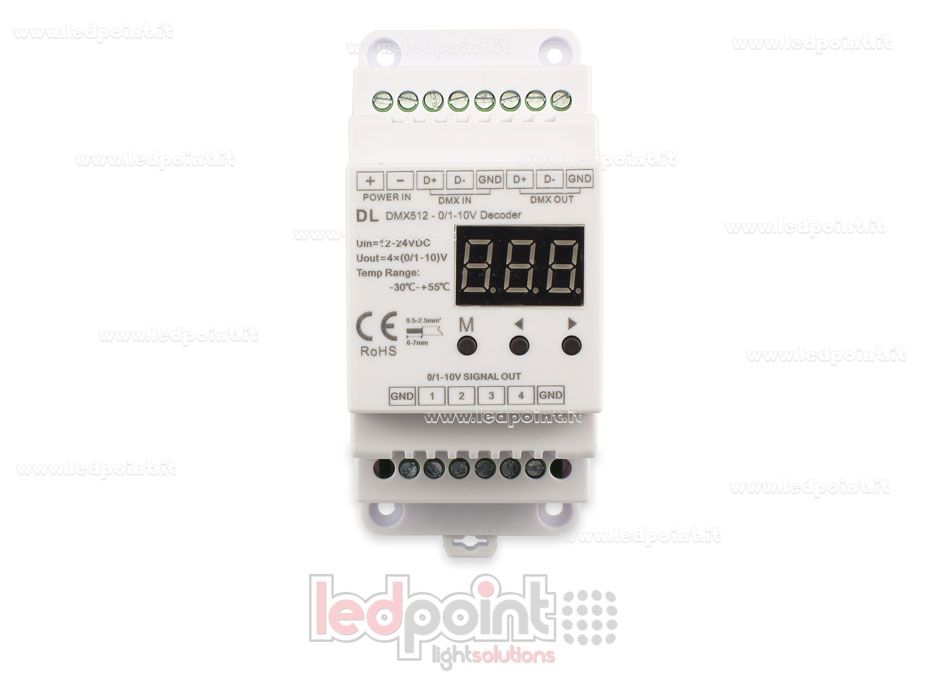 0/1-10V  DMX 512 descodificador carril DIN, 4 canales de 20mA cada uno, tensión 12-24 DC SK-DL