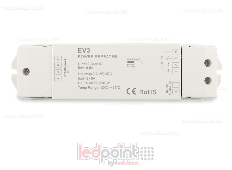 Amplificador RGB 12-36V 18A (3 canales de 7A) SK-EV3 Amplificador RGB 12-36V 18A (3 canales de 7A) SK-EV3