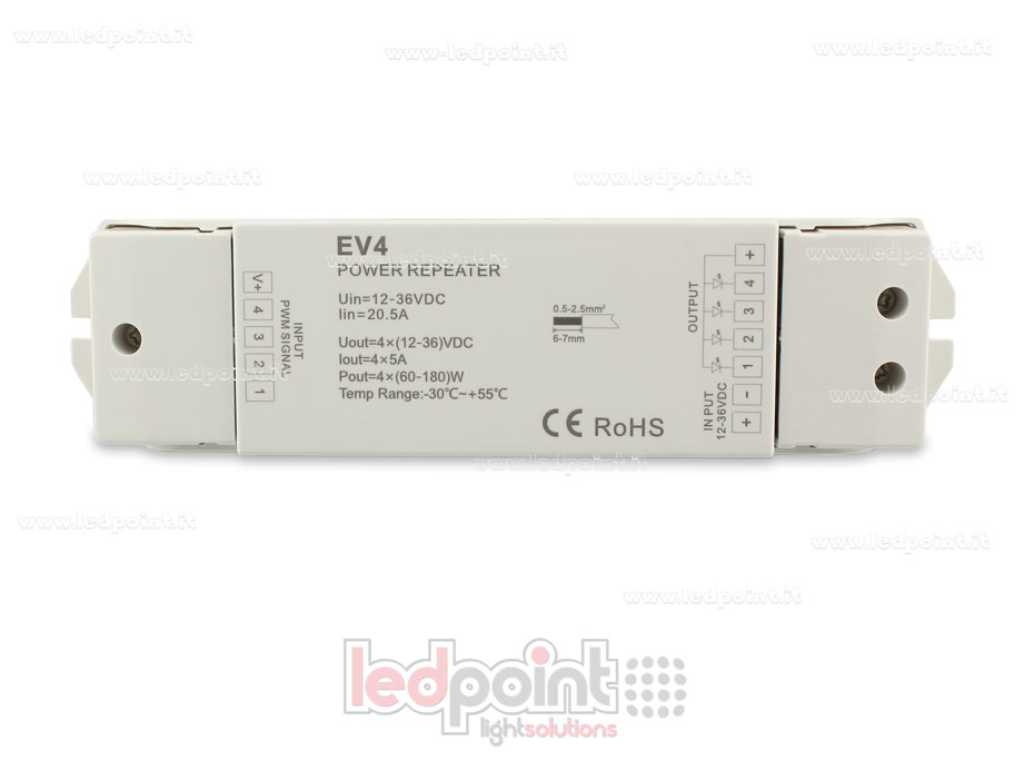 Amplificador RGB 12-36V 20A (4 canales de 6A) SK-EV4 Amplificador RGB 12-36V 20A (4 canales de 6A) SK-EV4