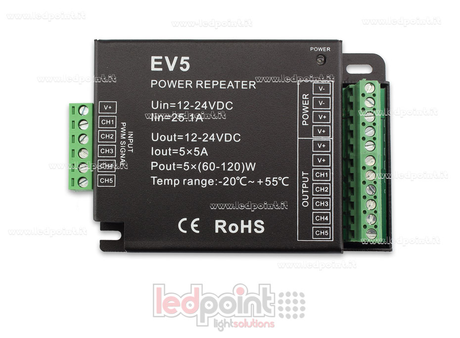 Amplificador RGBCCT 12-24V 25A (5 canales de 5A) SK-EV5 Amplificador RGBCCT 12-24V 25A (5 canales de 5A) SK-EV5