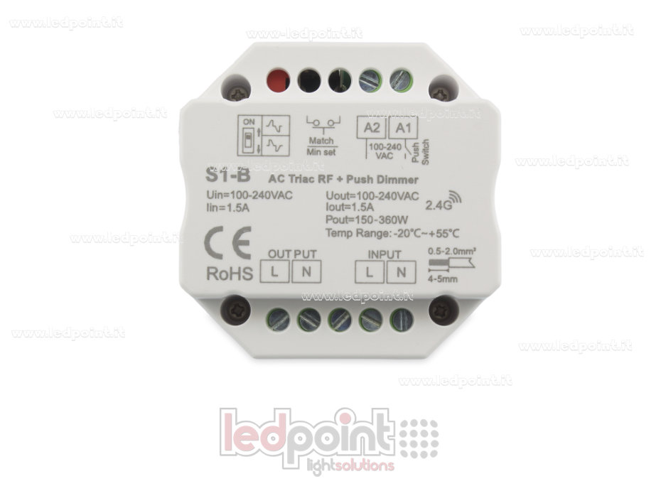 Controlador monocromático triac 100/230V, push dim AC, RF 2.4G para caja de conexiones de pared SK-S1-B Controlador monocromático triac 100/230V, push dim AC, RF 2.4G para caja de conexiones de pared SK-S1-B