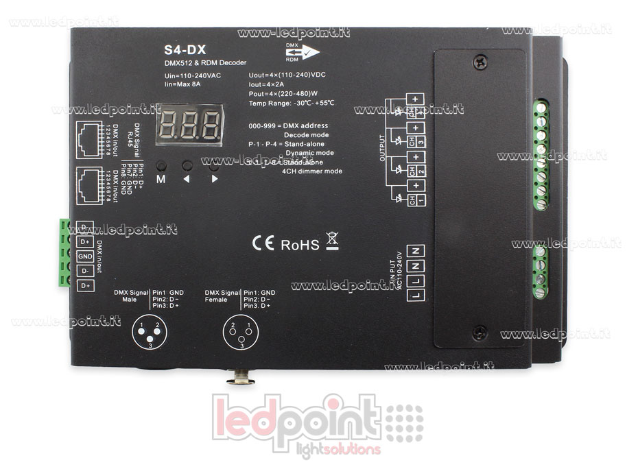 DMX 512 descodificador, 4 canales de 2A cada uno, tensión 110-240VAC SK-S4-DX