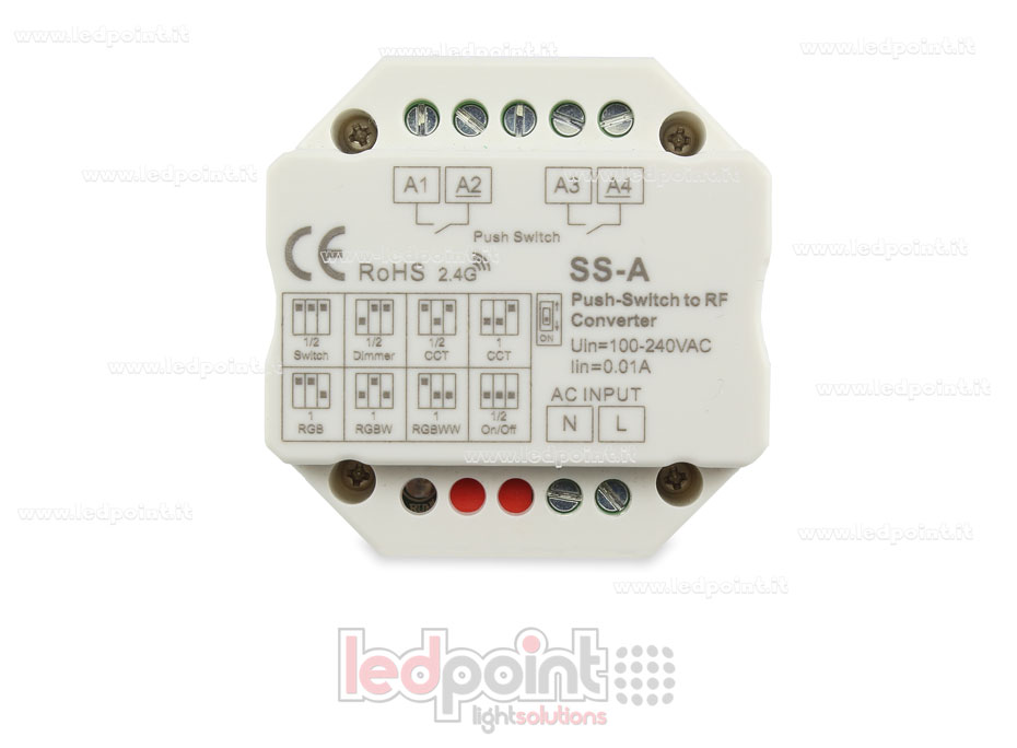 Mando a distancia push dim, 1 o 2 zonas, monocromático, CCT, RGB, RGBW y RGB+CCT, RF 2.4G para caja de conexiones de pared SK-SS-A Mando a distancia push dim, 1 o 2 zonas, monocromático, CCT, RGB, RGBW y RGB+CCT, RF 2.4G para caja de conexiones de pared SK-SS-A