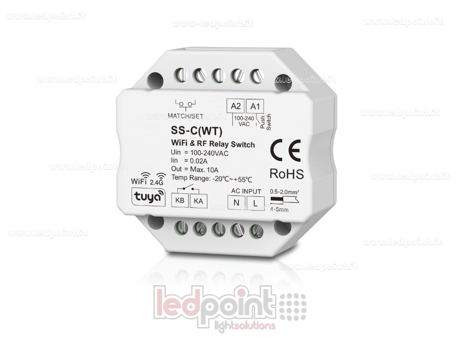 Controlador Monocromático 100-240VCA, No Regulable 10A, Push Dim, Wi-Fi + RF 2.4G, para Caja de Derivación de Pared SK-SS-C(WT)