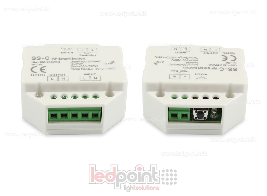 Controlador monocromático 100-240VAC, on/off, no dimerizable, 3A, push dim, RF 2.4G para caje de conexiones de pared SK-SS-C Controlador monocromático 100-240VAC, on/off, no dimerizable, 3A, push dim, RF 2.4G para caje de conexiones de pared SK-SS-C