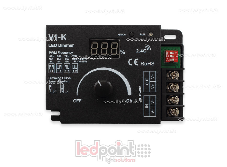 Controlador monocromático 12/48V con rueda, 1ch*20A, con curva logarítmica o linear y frecuencia PWM seleccionable. SK-V1-K Controlador monocromático 12/48V con rueda, 1ch*20A, con curva logarítmica o linear y frecuencia PWM seleccionable. SK-V1-K