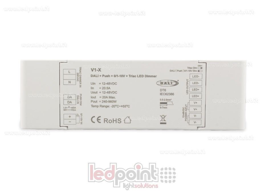 Receptor Dimmer Monocromático 4 en 1 con Push Dimm, DALI, 0/1-10V + Triac 1CH*20A 12/48V SK-V1-X Receptor Dimmer Monocromático 4 en 1 con Push Dimm, DALI, 0/1-10V + Triac 1CH*20A 12/48V SK-V1-X