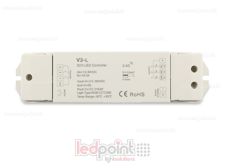 Controlador RGB 12-36V, 3ch*6A, RF 2.4G, push dim SK-V3-L Controlador RGB 12-36V, 3ch*6A, RF 2.4G, push dim SK-V3-L