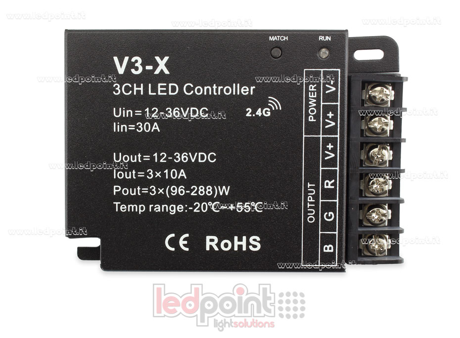 Controlador RGB 12-36V, 3ch*10A, RF 2.4G SK-V3-X Controlador RGB 12-36V, 3ch*10A, RF 2.4G SK-V3-X