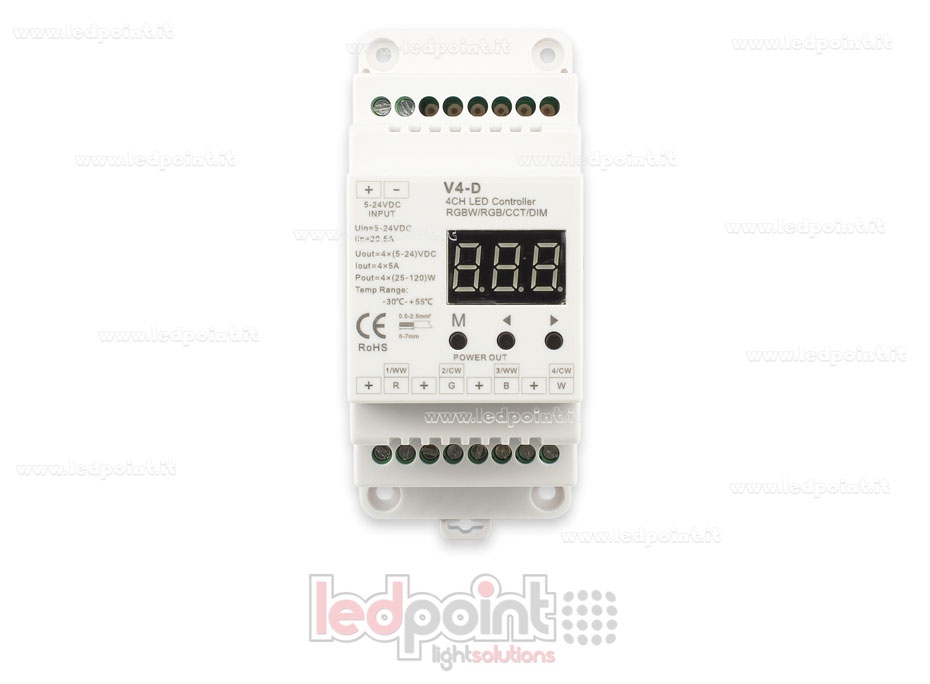 Receptor controlador RGBW 12/24V, 4ch*5A, RF 2.4G para barra DIN SK-V4-D