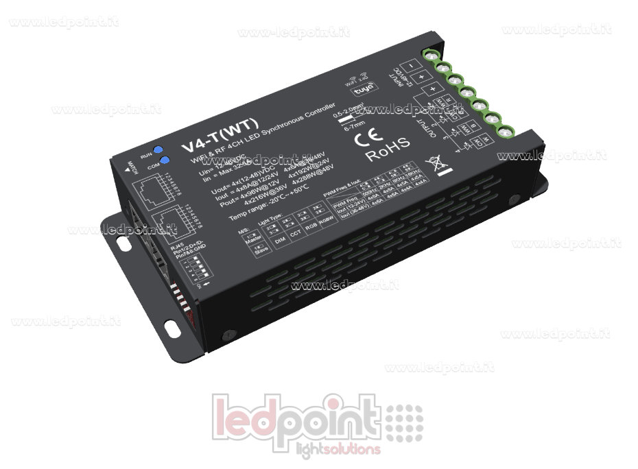 Receptor controlador sincronizado Wifi y RF con 12/48 VCC, 4 canales*8 A, Wifi+RF 2,4 G SK-V4-T(WT)