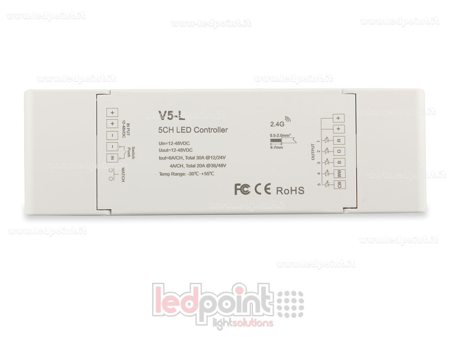 Receptor controlador RGB+CCT 12/24V, 5ch*6A o 36/48V, 5ch*4A, RF 2.4G SK-V5-L