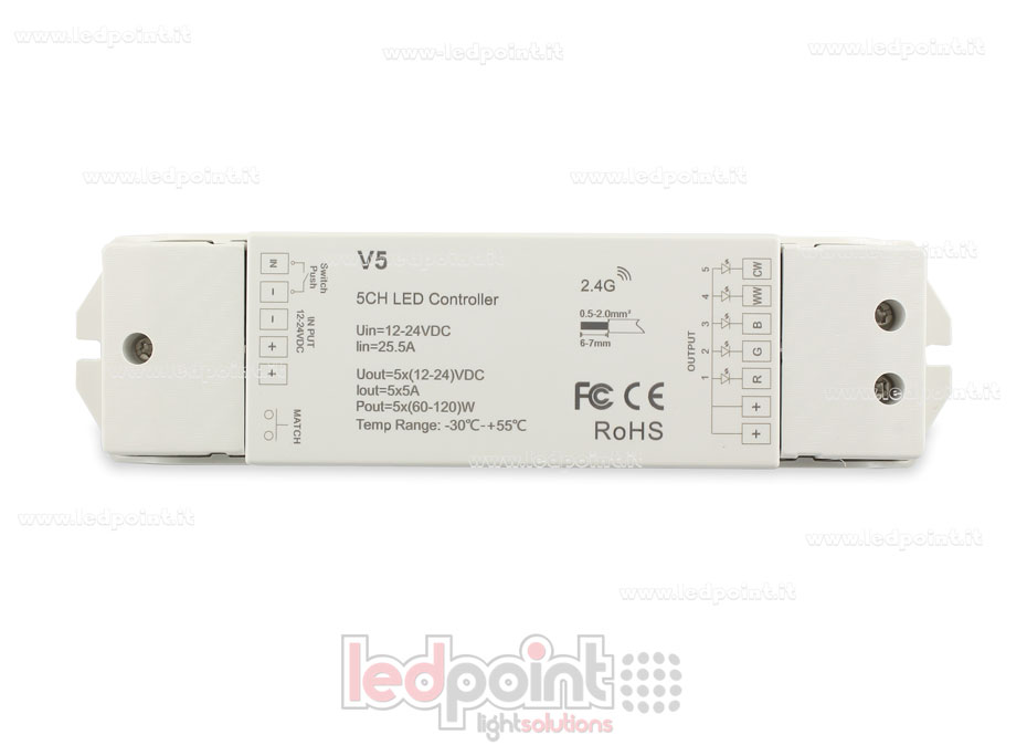 Controlador RGB+CCT 5/24V, 5ch*4A, RF 2.4G SK-V5 Controlador RGB+CCT 5/24V, 5ch*4A, RF 2.4G SK-V5