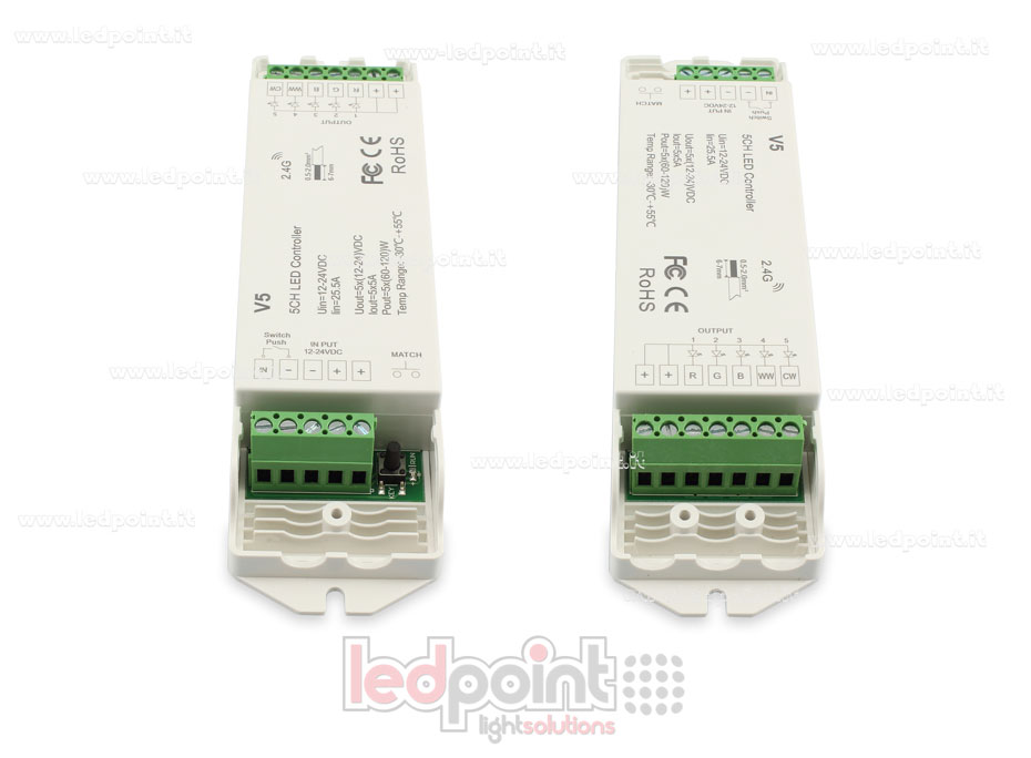 Controlador RGB+CCT 5/24V, 5ch*4A, RF 2.4G SK-V5 Controlador RGB+CCT 5/24V, 5ch*4A, RF 2.4G SK-V5
