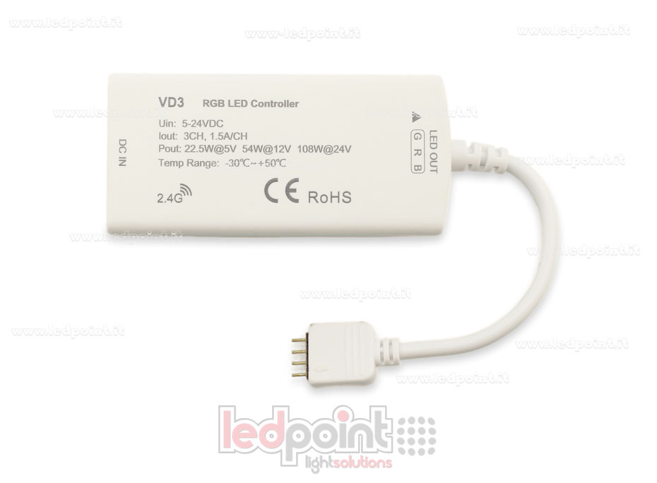 Receptor dimmer RGB con 3 interruptores 5/24V, 1ch*5A, RF 2.4G SK-VD3 Receptor dimmer RGB con 3 interruptores 5/24V, 1ch*5A, RF 2.4G SK-VD3