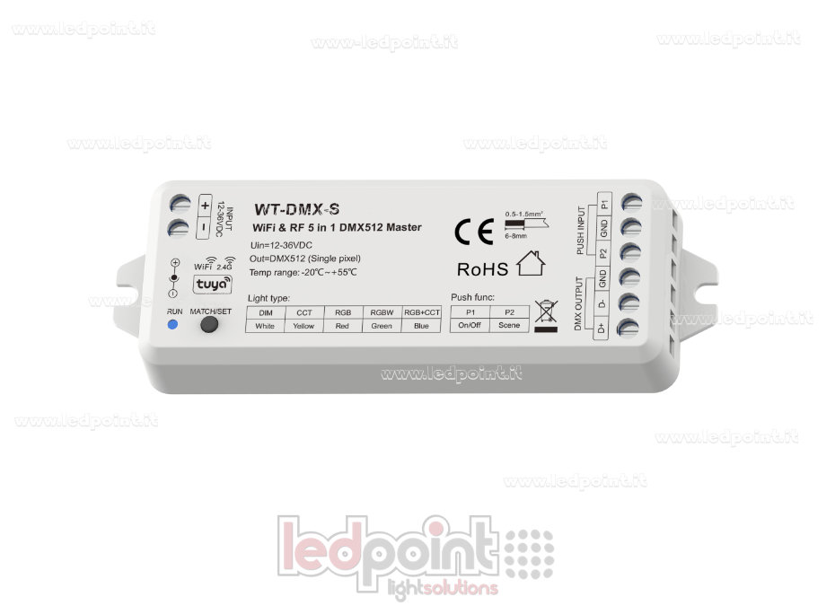 Máster Wi-Fi y RF 2,4 GHz 5 en 1 DMX512 12-36 V SK-WT-DMX-S